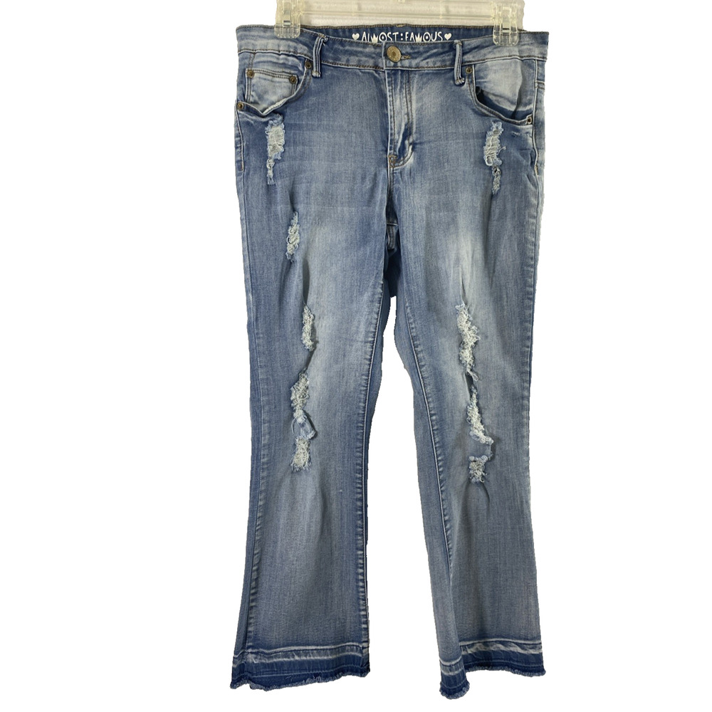 Almost Famous Jeans Juniors Size 9 Medium Wash Denim Destroyed Mid Rise Raw Hem